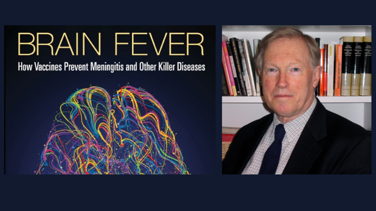 Book cover of "Brain fever" and a portrait of R. Moxon